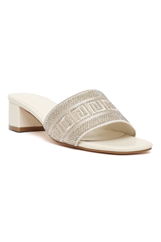LUXE EMBELLISHED BLOCK HEEL-OFFWHITE