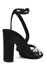 PEARL-EMBELLISHED CROSSOVER STRAPPY HEEL-BLACK