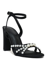 PEARL-EMBELLISHED CROSSOVER STRAPPY HEEL-BLACK