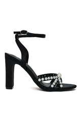 PEARL-EMBELLISHED CROSSOVER STRAPPY HEEL-BLACK