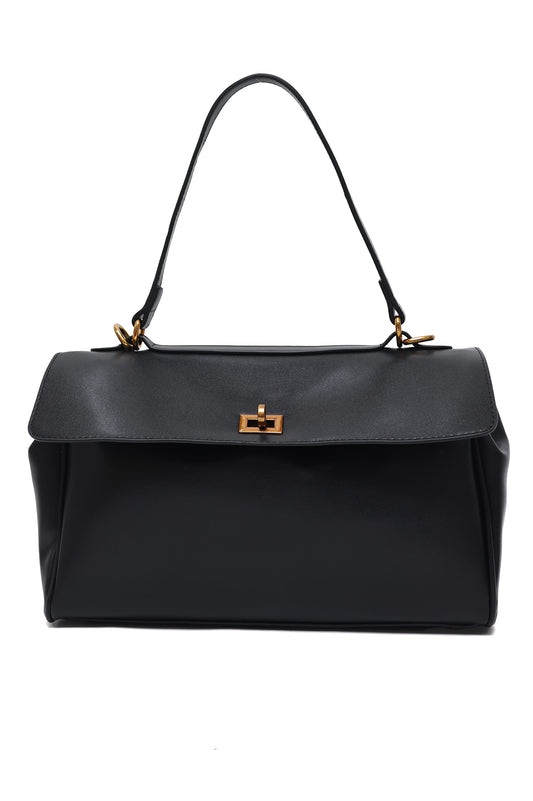 FLAP LOCK HERITAGE SHOULDER HANDBAG-BLACK