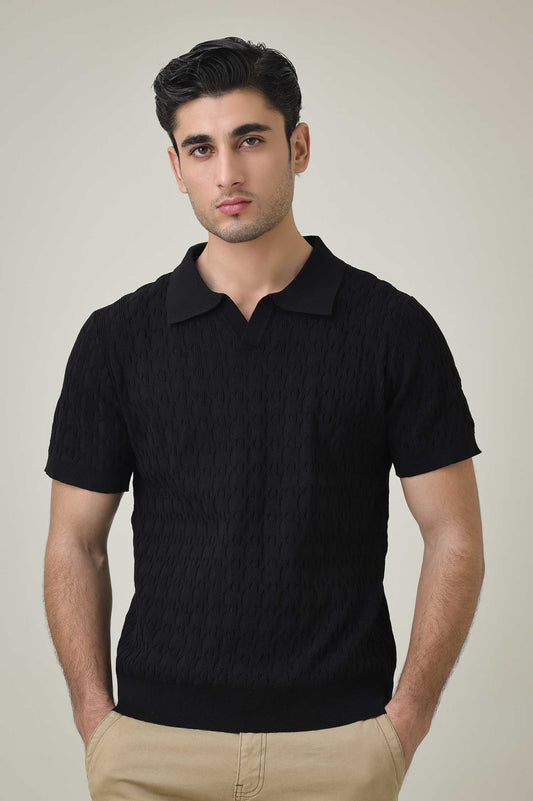 CREST KNIT POLO-BLACK