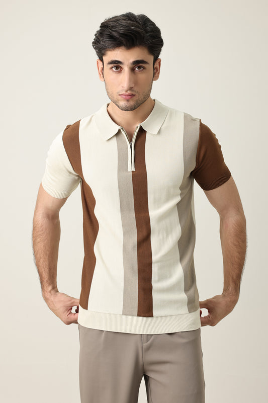 BLOCK STRIPE KNIT POLO-APRICOT