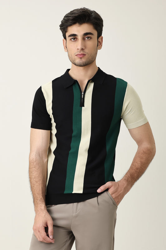 BLOCK STRIPE KNIT POLO-BLACK