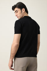 OPEN COLLAR POLO SHIRT-BLACK