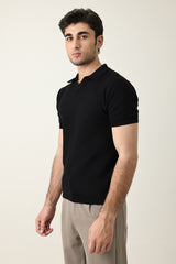 OPEN COLLAR POLO SHIRT-BLACK