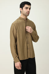 RAVELLO TEXTURED BAND COLLAR SHIRT-BROWN