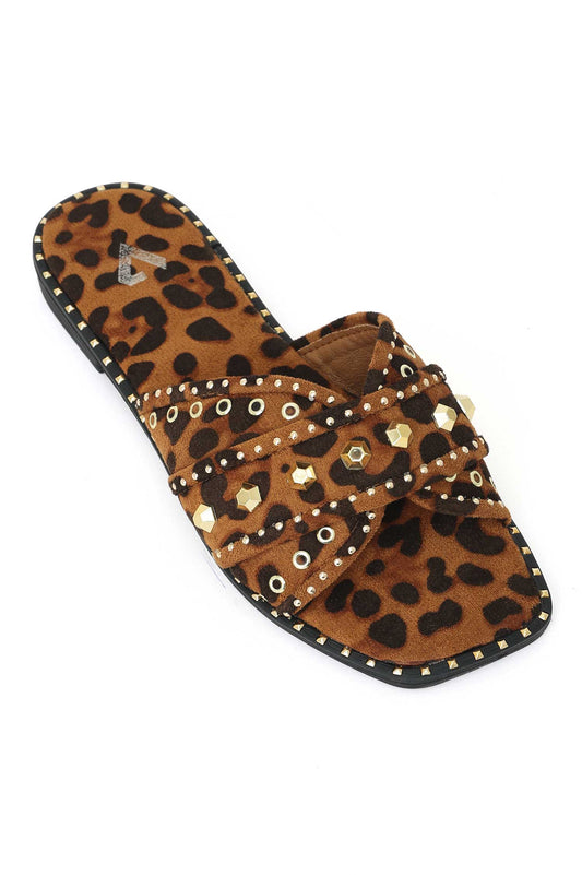 BLAZE ROSETTE STUDDED SLIDE-LEOPARD