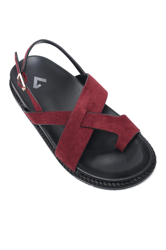 SUEDE STRAP CASUAL SANDAL-BURGUNDY