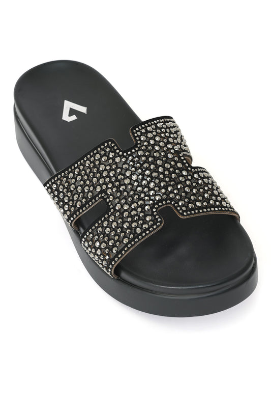 CRYSTAL ENCRUSTED ELEVATED PLATFORM H-SLIDE-BLACK