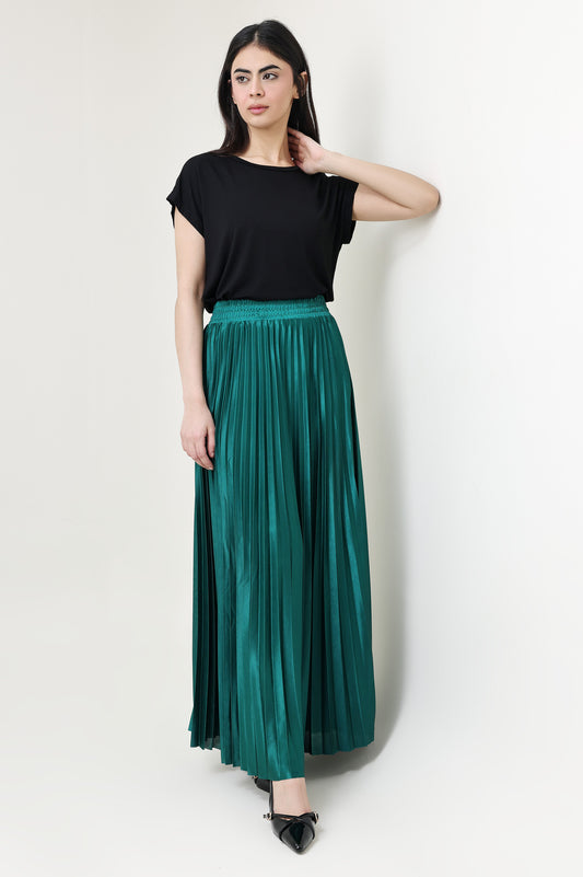 SATIN PLEATED MAXI SKIRT-GREEN