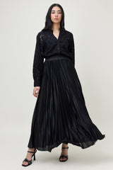 SATIN PLEATED MAXI SKIRT-BLACK