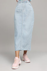 HIGH-WAIST DENIM MIDI SKIRT-SKY-BLUE