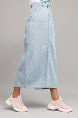 HIGH-WAIST DENIM MIDI SKIRT-SKY-BLUE