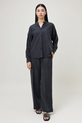 CO-ORD SET WITH MANDARIN COLLAR SHIRT & RELAXED TROUSER-BLACK