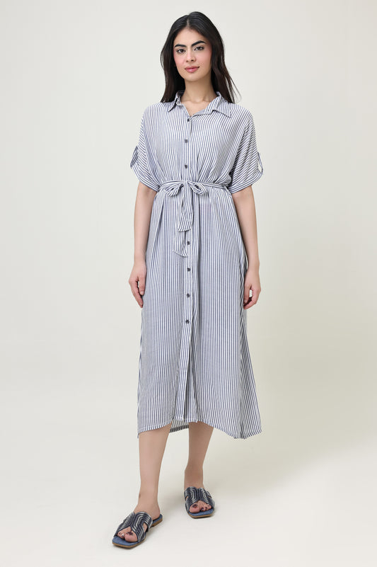 STRIPED BUTTON-DOWN DRESS WITH WAIST TIE-GREY