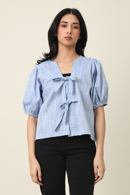 ZELARA RIBBON-FRONT TOP-BLUE