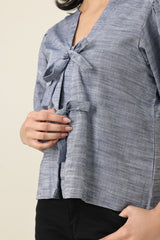 ZELARA RIBBON-FRONT TOP-GREY