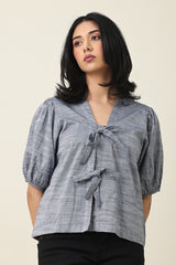 ZELARA RIBBON-FRONT TOP-GREY