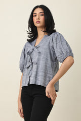 ZELARA RIBBON-FRONT TOP-GREY