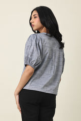 ZELARA RIBBON-FRONT TOP-GREY