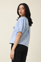 ZELARA RIBBON-FRONT TOP-BLUE