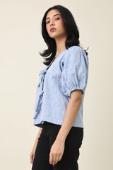 ZELARA RIBBON-FRONT TOP-BLUE
