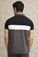 TRIPLE-TONE COLOR BLOCK PIQUE POLO SHIRT-BLK-WHT-GREY