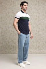 TRIPLE-TONE COLOR BLOCK PIQUE POLO SHIRT-WHT-GRN-NAVY