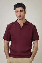 RIB COLLAR KNIT POLO-BURGUNDY