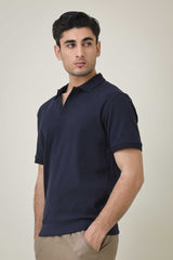 RIB COLLAR KNIT POLO-NAVY