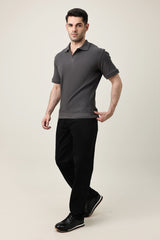 RIB COLLAR KNIT POLO-GREY
