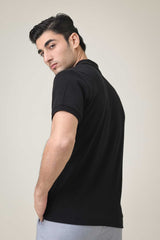 RIB COLLAR KNIT POLO-BLACK