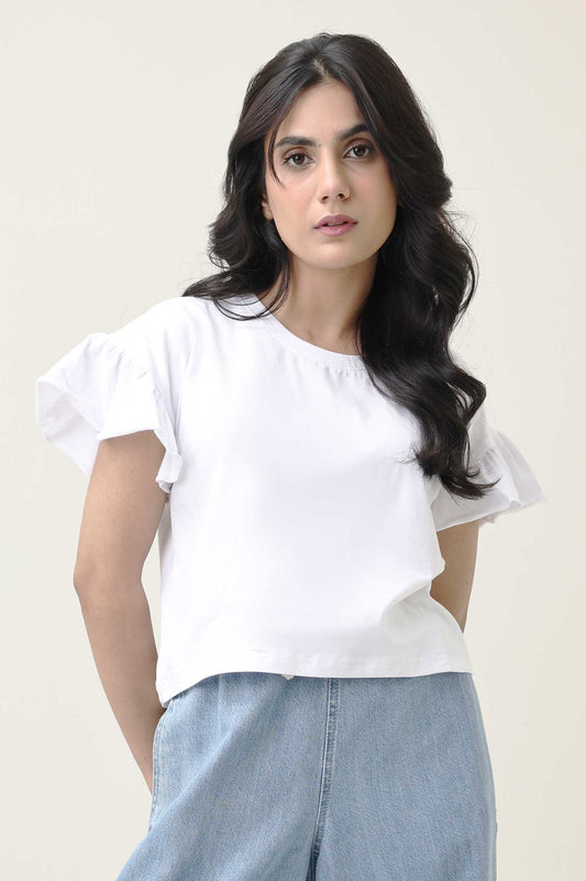 RUFFLE SLEEVE TEE-WHITE