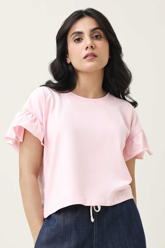 RUFFLE SLEEVE TEE-PINK
