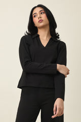 MODERN V-NECK COLLAR TOP-BLACK
