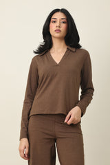 MODERN V-NECK COLLAR TOP-CHOCOLATE