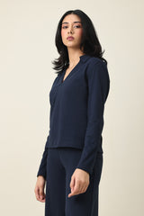 MODERN V-NECK COLLAR TOP-NAVY