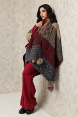 GEOMETRIC KNIT FUR CAPE-BROWN