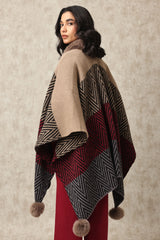 GEOMETRIC KNIT FUR CAPE-BROWN