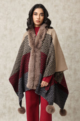 GEOMETRIC KNIT FUR CAPE-BROWN