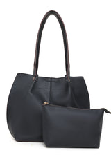 FAUX LEATHER TOTE AND POUCH DUO-BLACK