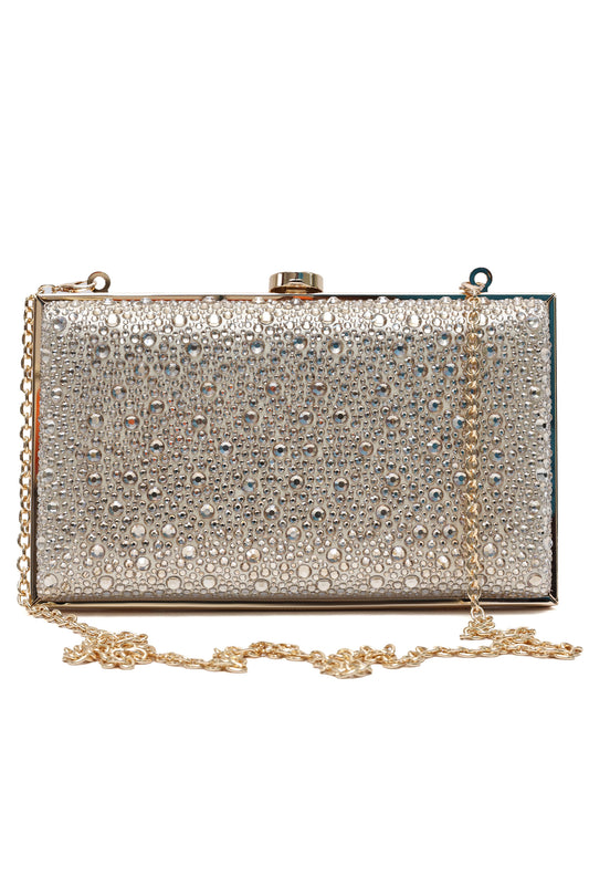CRYSTAL EMBELLISHED BOX CLUTCH-METALLIC