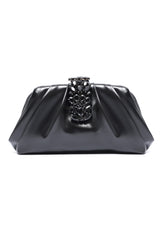 CRYSTAL CLASP PLEATED CLUTCH-BLACK