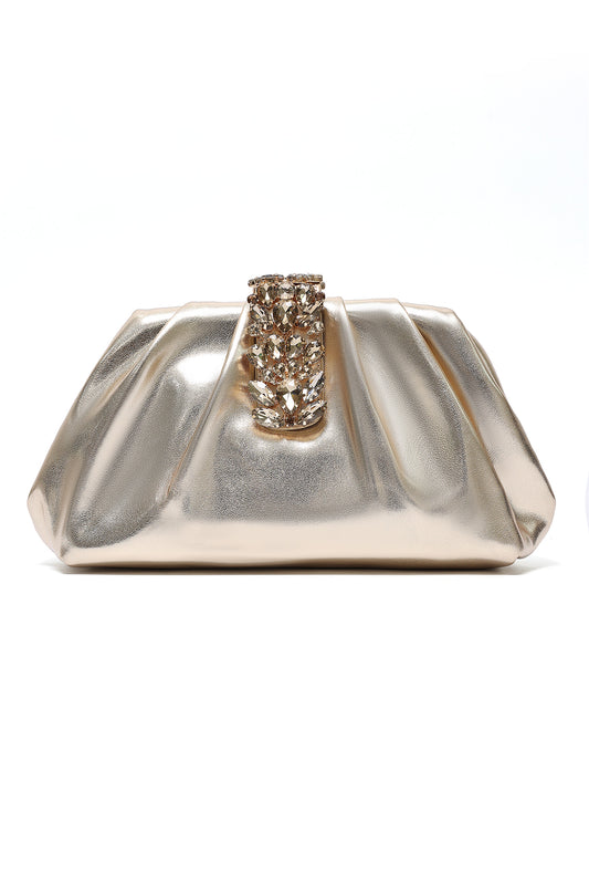CRYSTAL CLASP PLEATED CLUTCH-GOLD