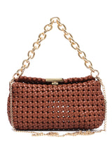 WOVEN FRAME CHAIN BAG-BROWN