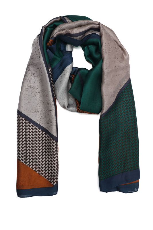 ABSTRACT PANEL SILK SCARF-BROWN