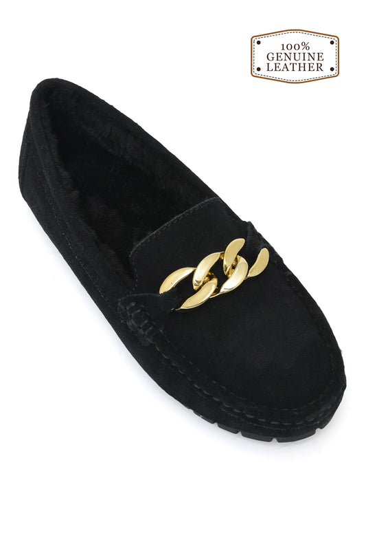 CHAINLINK FURRY SUEDE MOCCASIN-BLACK