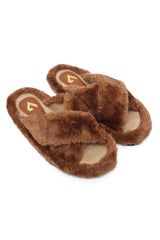FLUFFY CROSS FUR SLIDE-BROWN