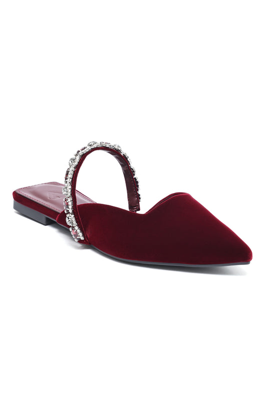 VELVET CRYSTAL STRAP FLAT MULE-MAROON
